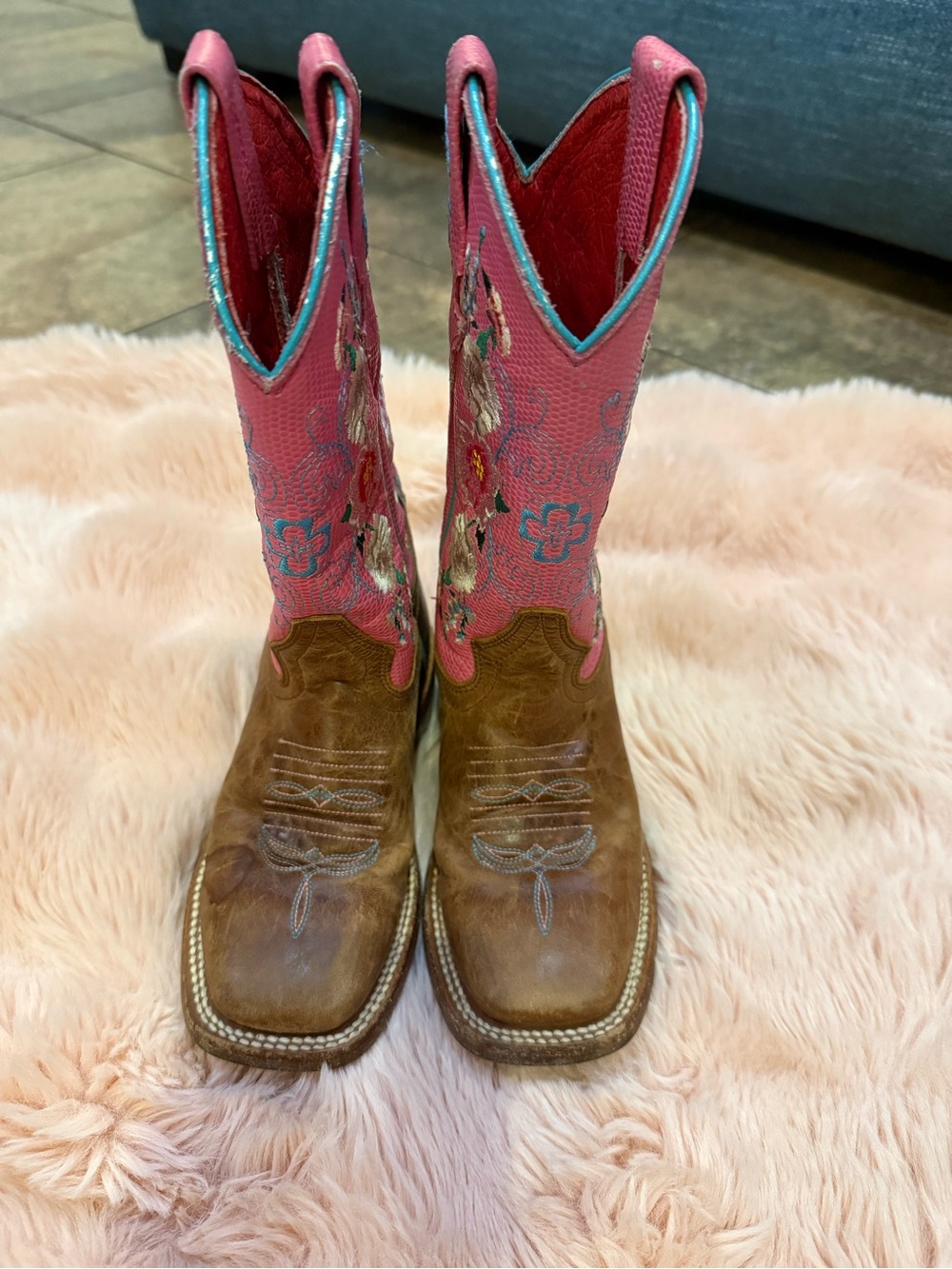 Macie Bean Pink and Brown Girls Embroidered Western Boots
